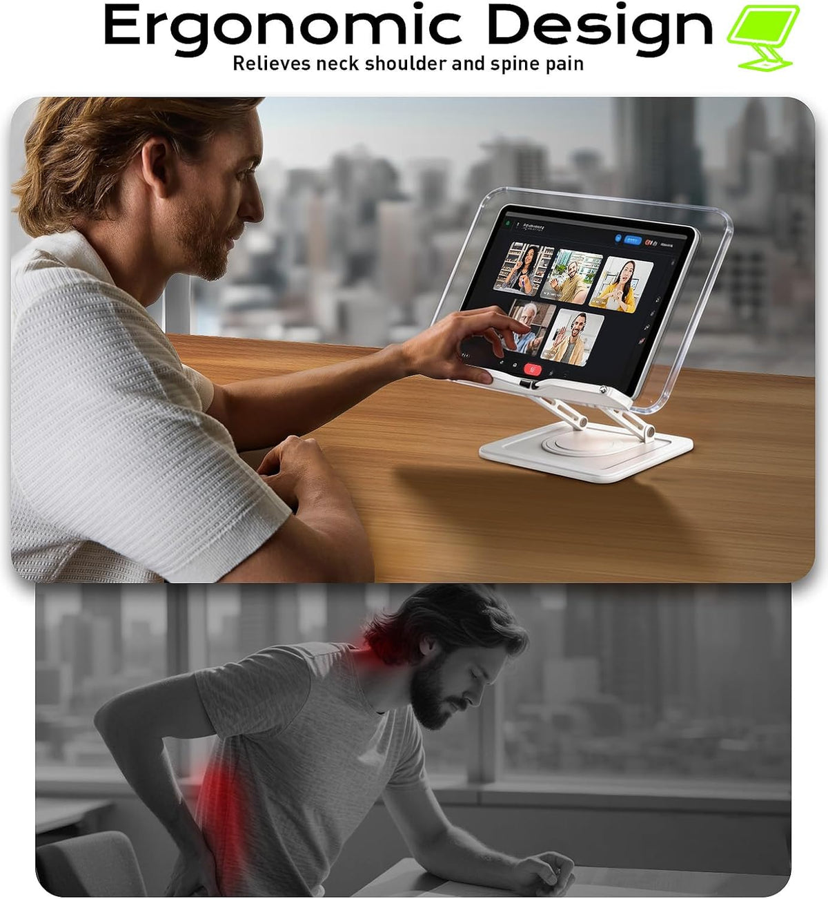 Book Stand for Reading, 360° Rotating Holder with Page Clip, Ergonomic