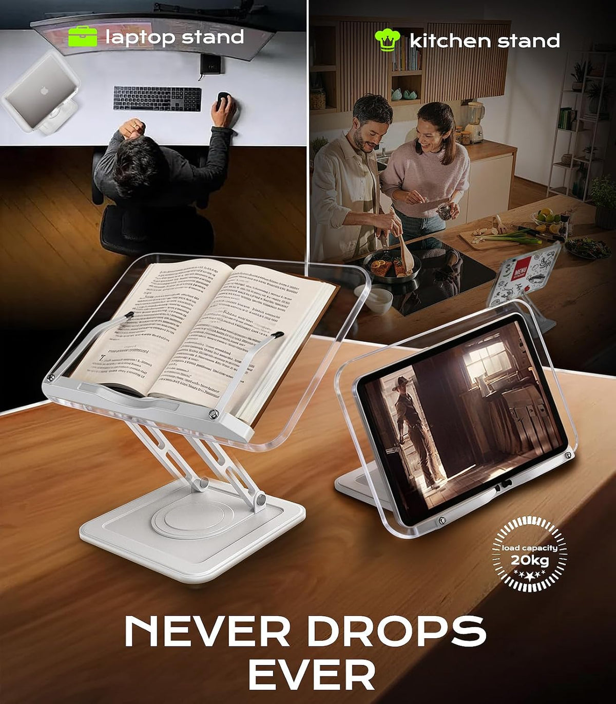 Book Stand for Reading, 360° Rotating Holder with Page Clip, Ergonomic