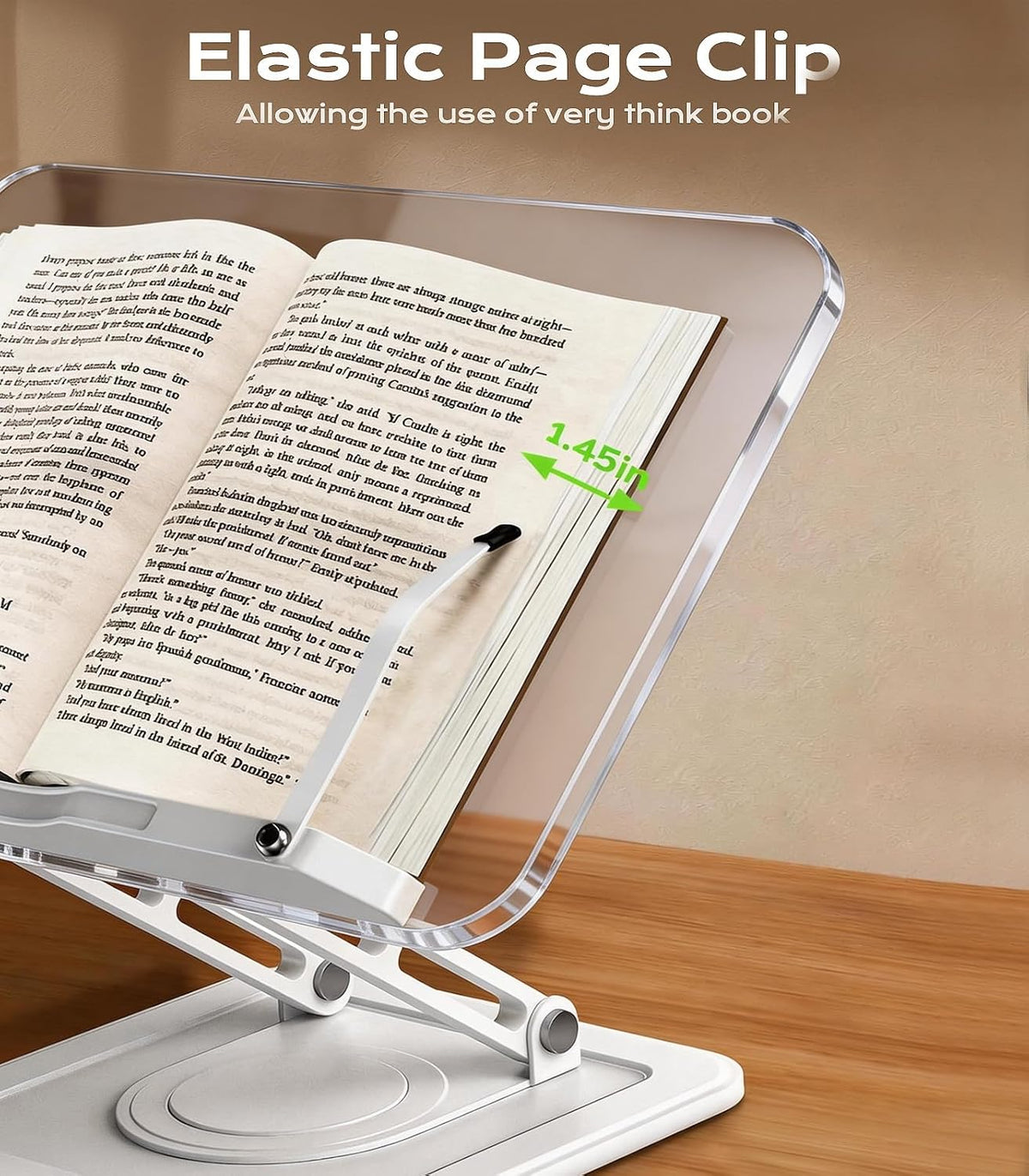 Book Stand for Reading, 360° Rotating Holder with Page Clip, Ergonomic