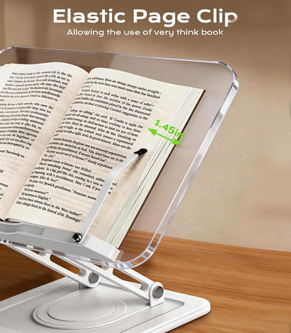 Book Stand for Reading, 360° Rotating Holder with Page Clip, Ergonomic