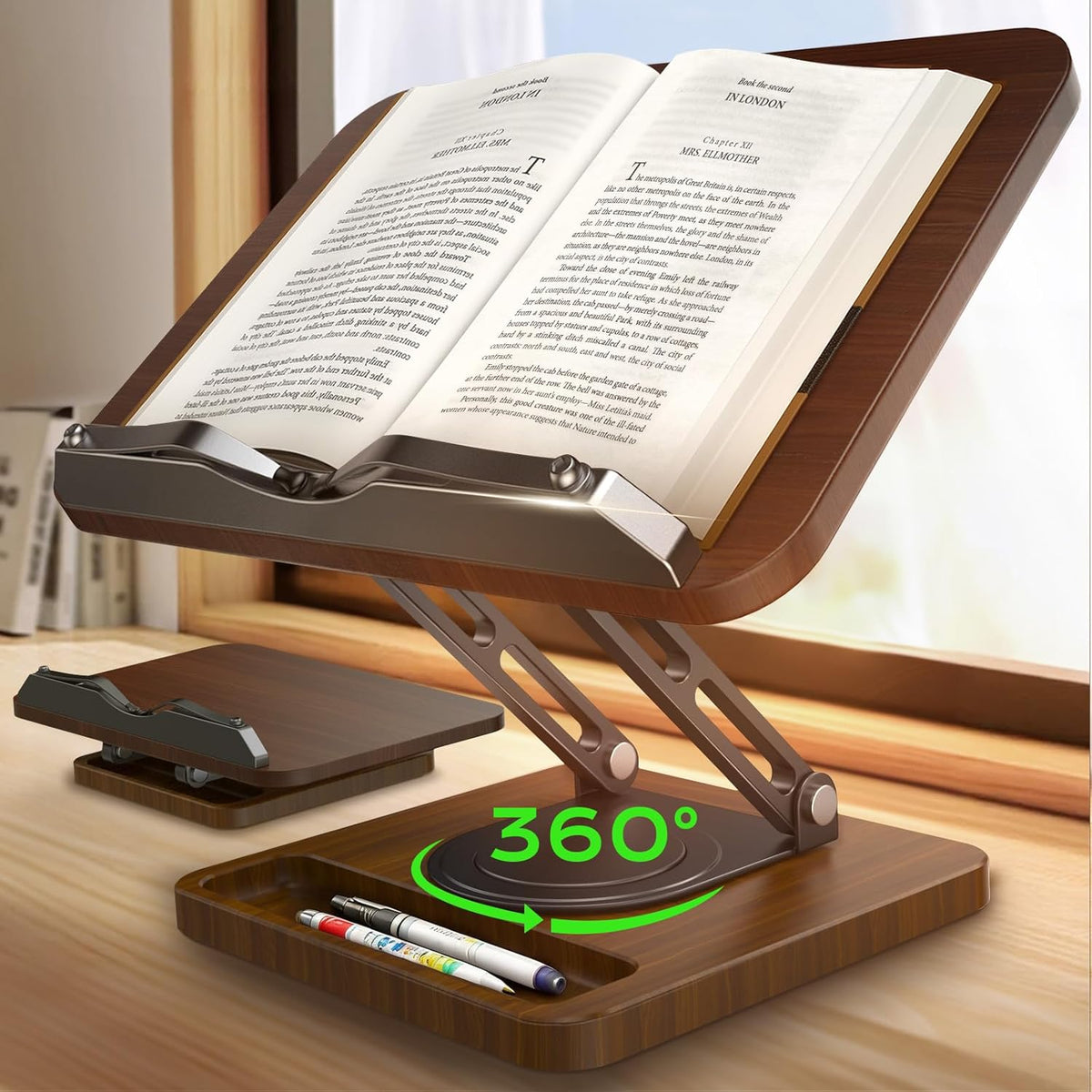 Book Stand for Reading, 360° Rotating Holder with Page Clip, Ergonomic