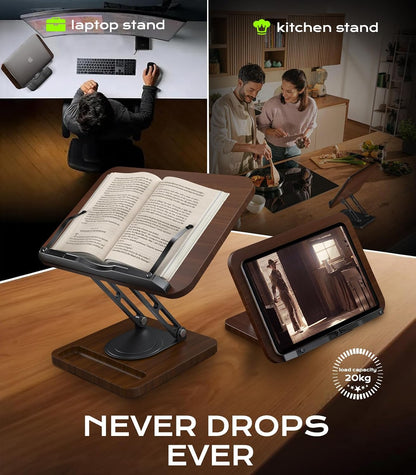 Book Stand for Reading, 360° Rotating Holder with Page Clip, Ergonomic