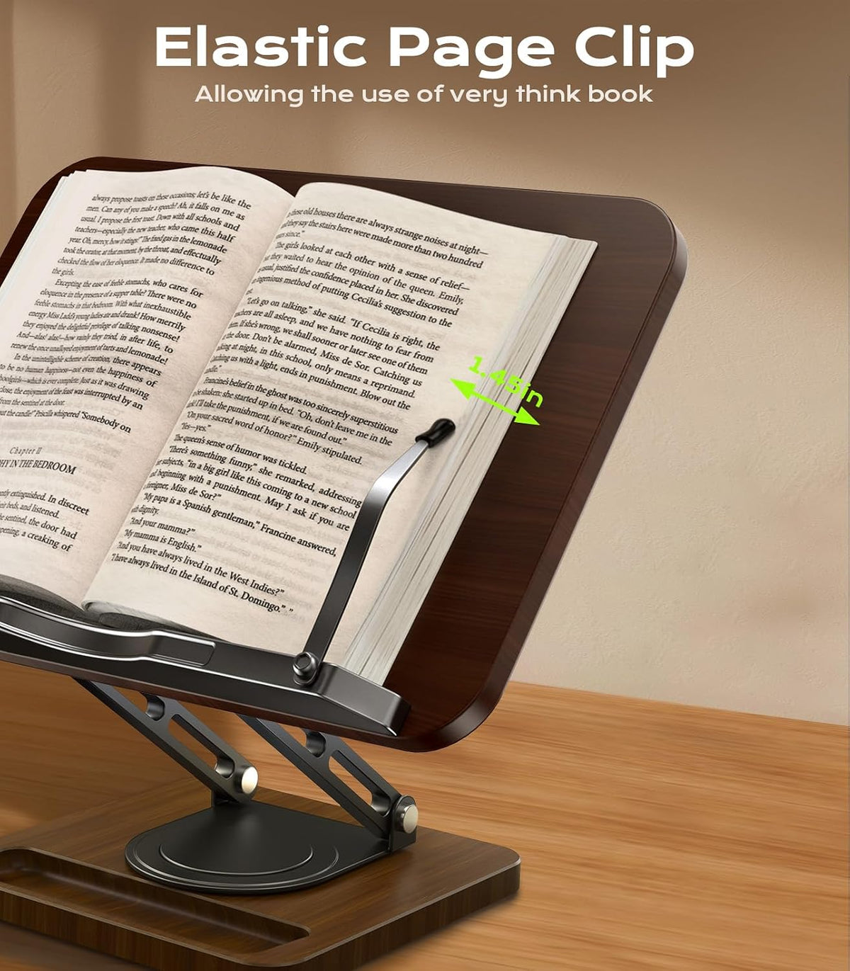 Book Stand for Reading, 360° Rotating Holder with Page Clip, Ergonomic
