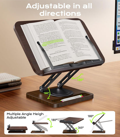 Book Stand for Reading, 360° Rotating Holder with Page Clip, Ergonomic