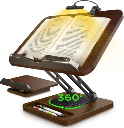 Book Stand for Reading, 360° Rotating Holder with Page Clip, Ergonomic