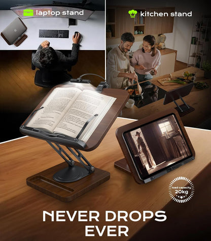 Book Stand for Reading, 360° Rotating Holder with Page Clip, Ergonomic