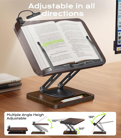 Book Stand for Reading, 360° Rotating Holder with Page Clip, Ergonomic