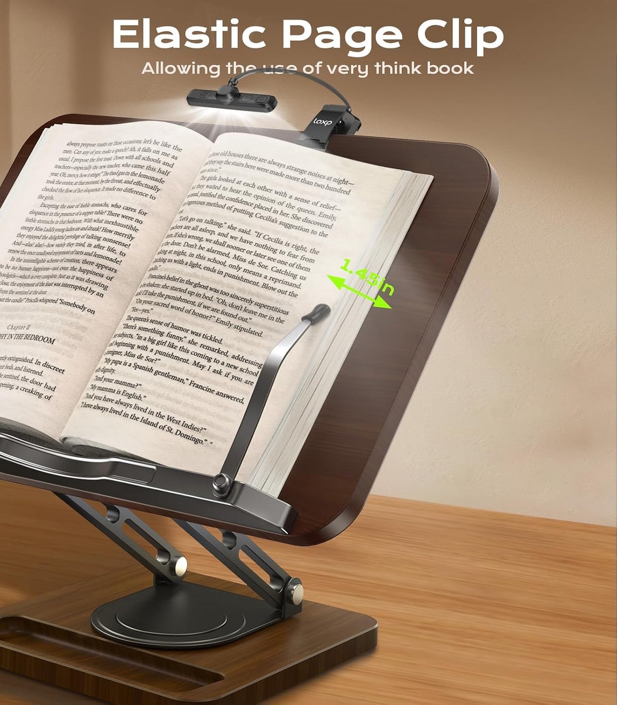 Book Stand for Reading, 360° Rotating Holder with Page Clip, Ergonomic