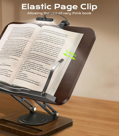 Book Stand for Reading, 360° Rotating Holder with Page Clip, Ergonomic