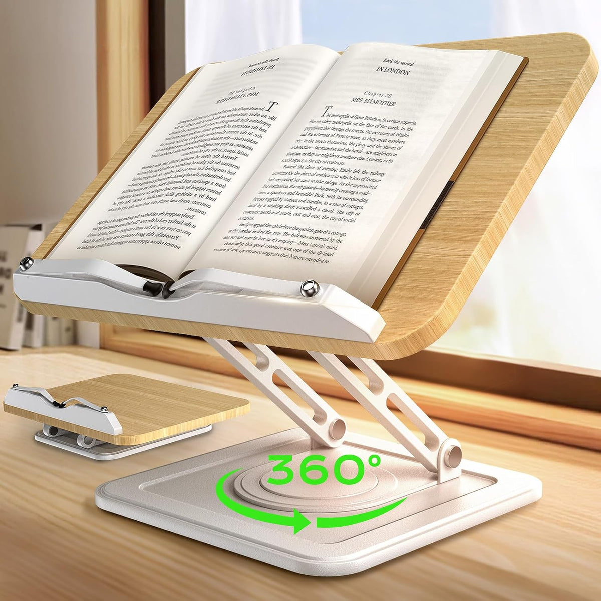 Book Stand for Reading, 360° Rotating Holder with Page Clip, Ergonomic
