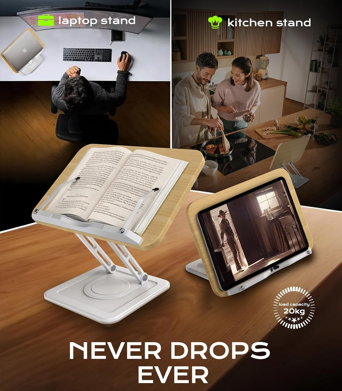 Book Stand for Reading, 360° Rotating Holder with Page Clip, Ergonomic
