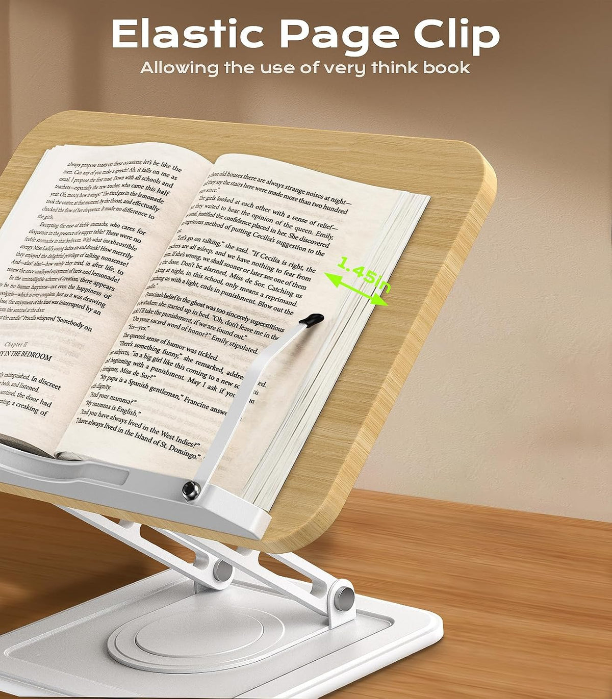 Book Stand for Reading, 360° Rotating Holder with Page Clip, Ergonomic