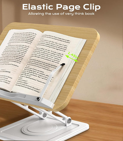 Book Stand for Reading, 360° Rotating Holder with Page Clip, Ergonomic