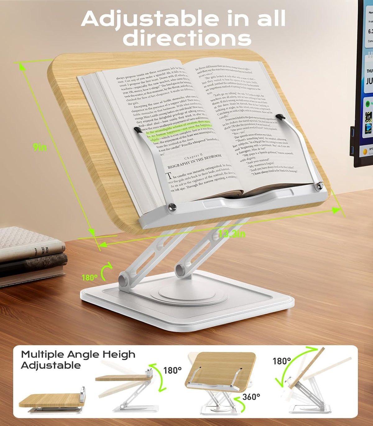 Book Stand for Reading, 360° Rotating Holder with Page Clip, Ergonomic