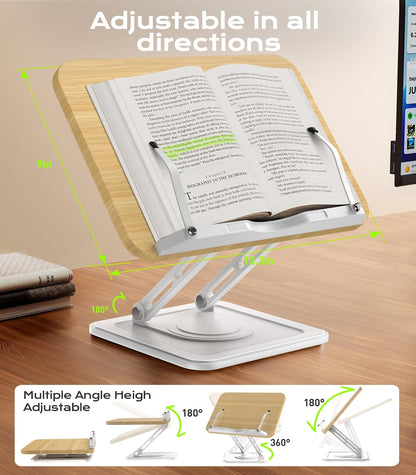 Book Stand for Reading, 360° Rotating Holder with Page Clip, Ergonomic