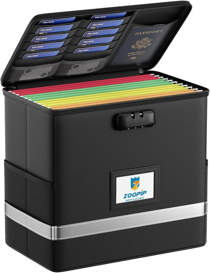 Fireproof File Box with Lock, Collapsible Document Organizer, Black