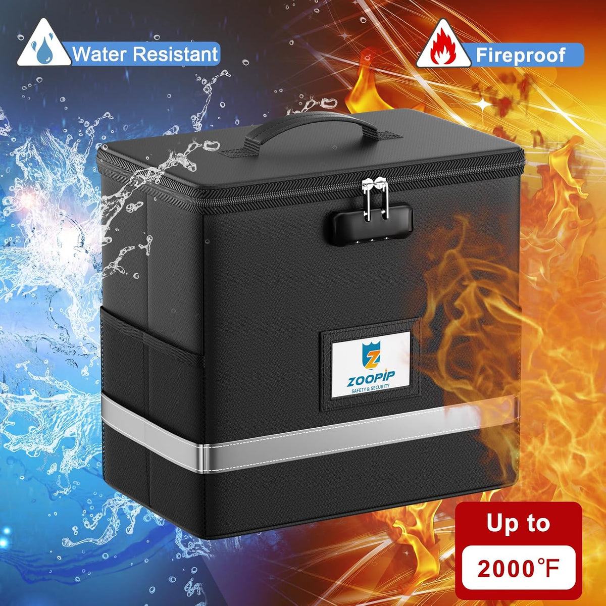 Fireproof File Box with Lock, Collapsible Document Organizer, Black