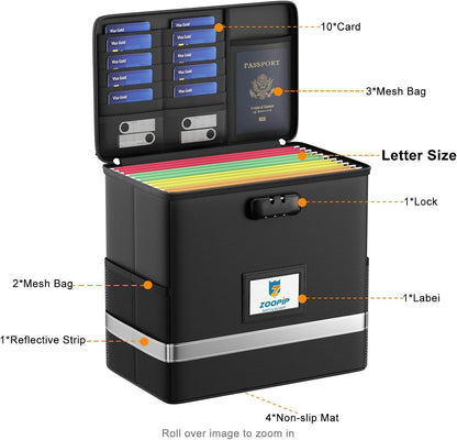 Fireproof File Box with Lock, Collapsible Document Organizer, Black