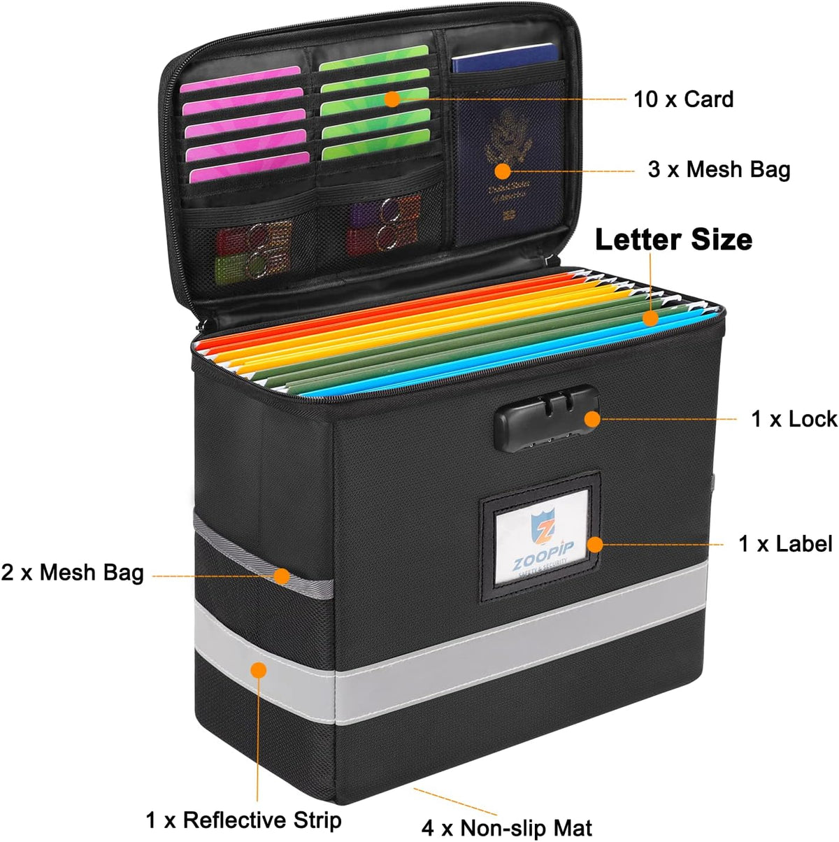 Fireproof File Box with Lock, Collapsible Document Organizer, Black
