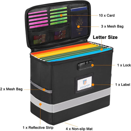 Fireproof File Box with Lock, Collapsible Document Organizer, Black