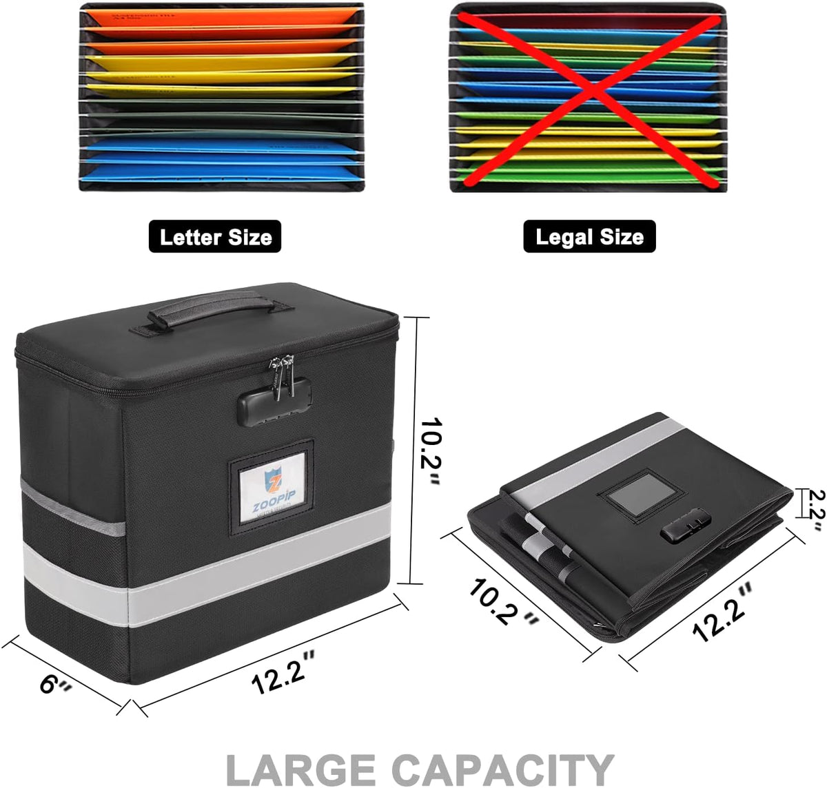Fireproof File Box with Lock, Collapsible Document Organizer, Black