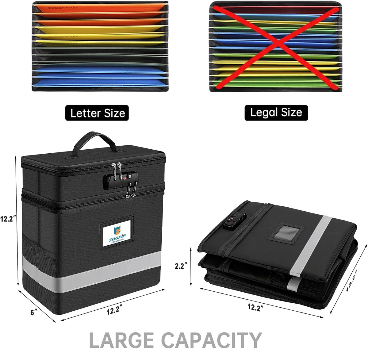 Fireproof File Box with Lock, Collapsible Document Organizer, Black