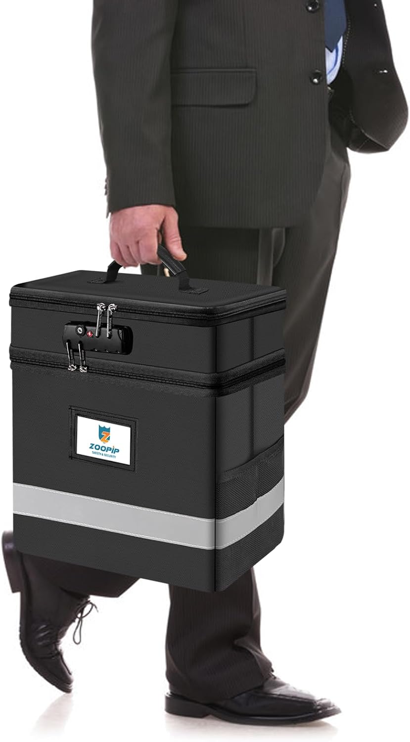 Fireproof File Box with Lock, Collapsible Document Organizer, Black