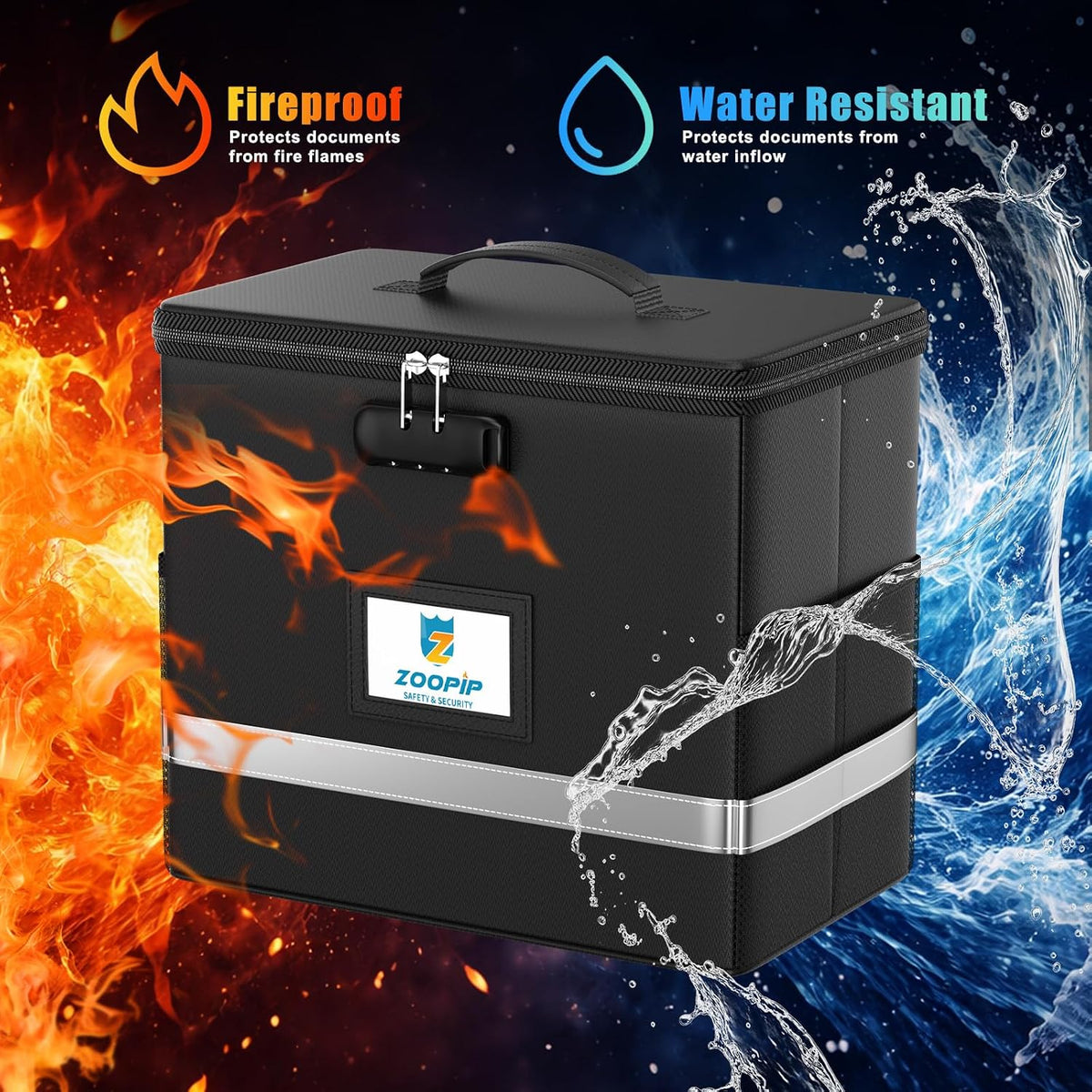 Fireproof File Box with Lock, Collapsible Document Organizer, Black