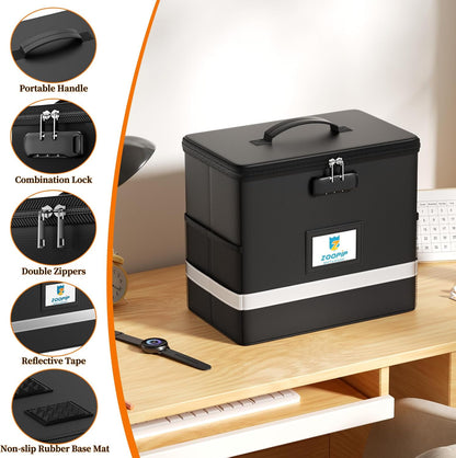 Fireproof File Box with Lock, Collapsible Document Organizer, Black