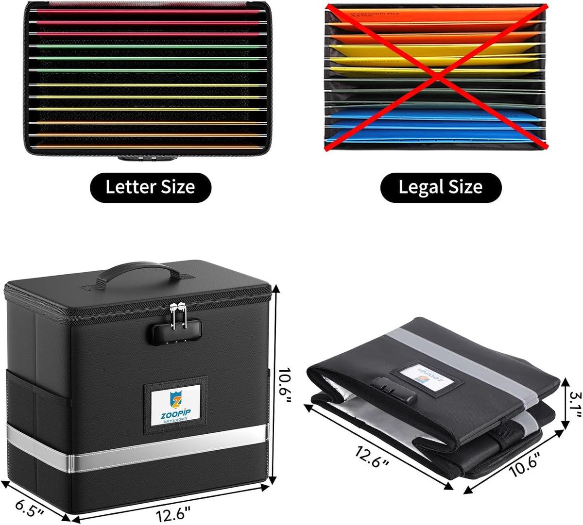 Fireproof File Box with Lock, Collapsible Document Organizer, Black
