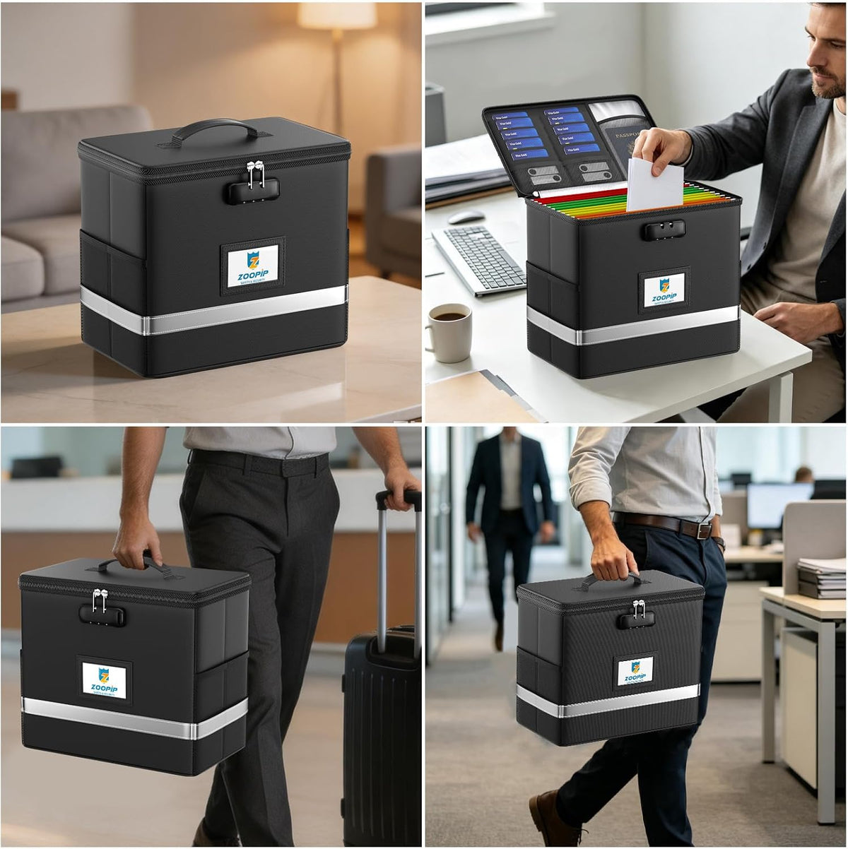 Fireproof File Box with Lock, Collapsible Document Organizer, Black