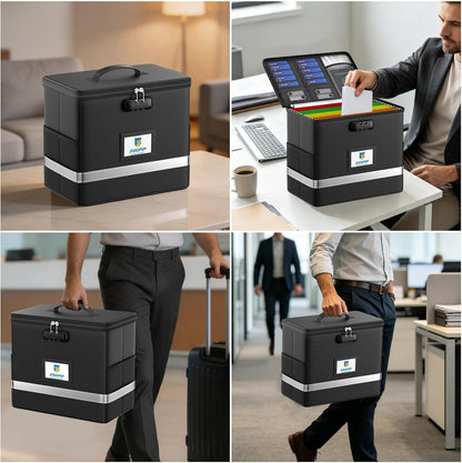 Fireproof File Box with Lock, Collapsible Document Organizer, Black