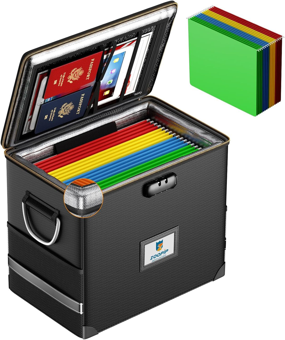 Fireproof File Box with Lock, Collapsible Document Organizer, Black