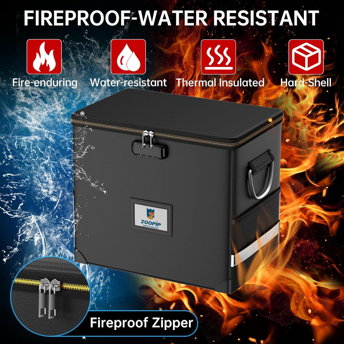 Fireproof File Box with Lock, Collapsible Document Organizer, Black