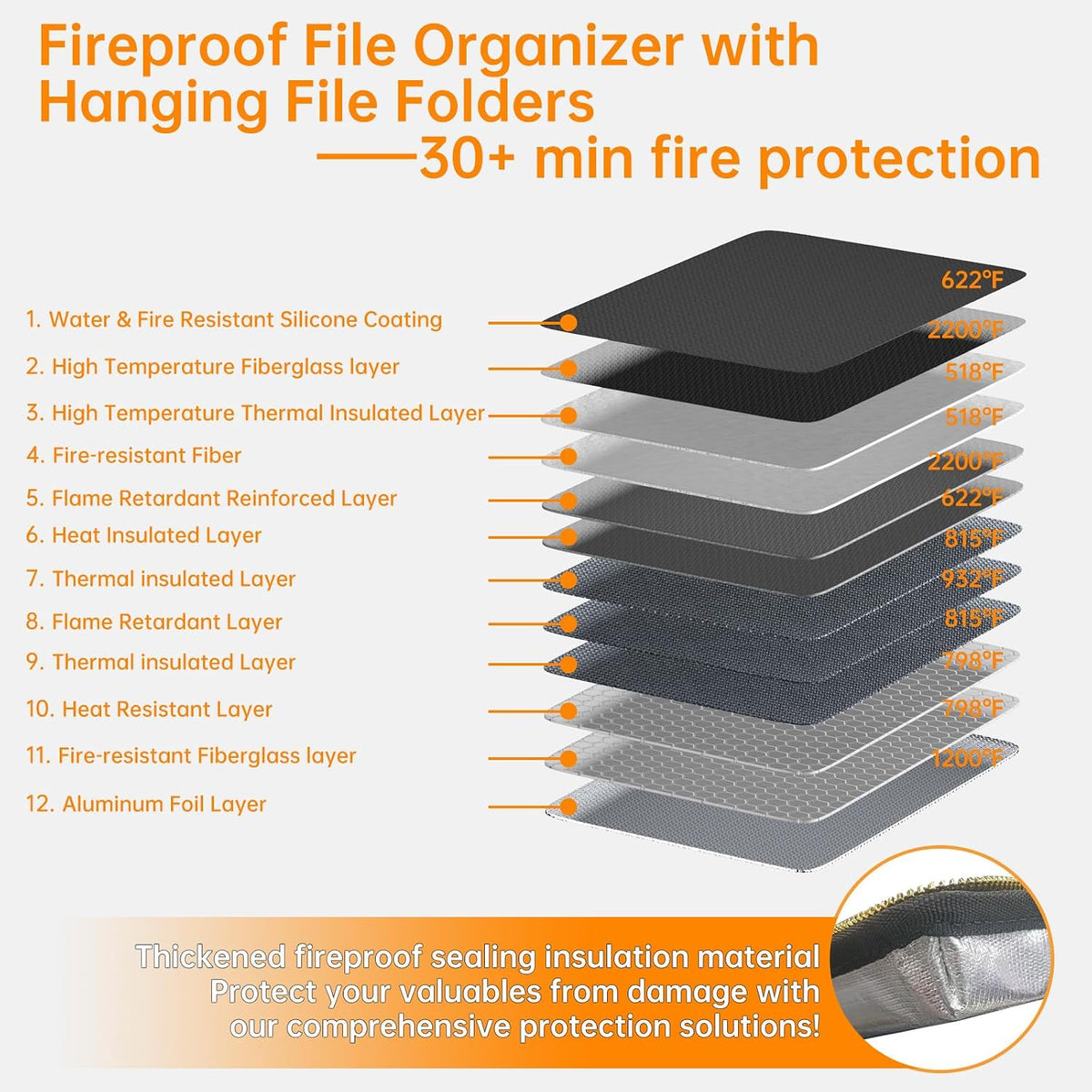 Fireproof File Box with Lock, Collapsible Document Organizer, Black