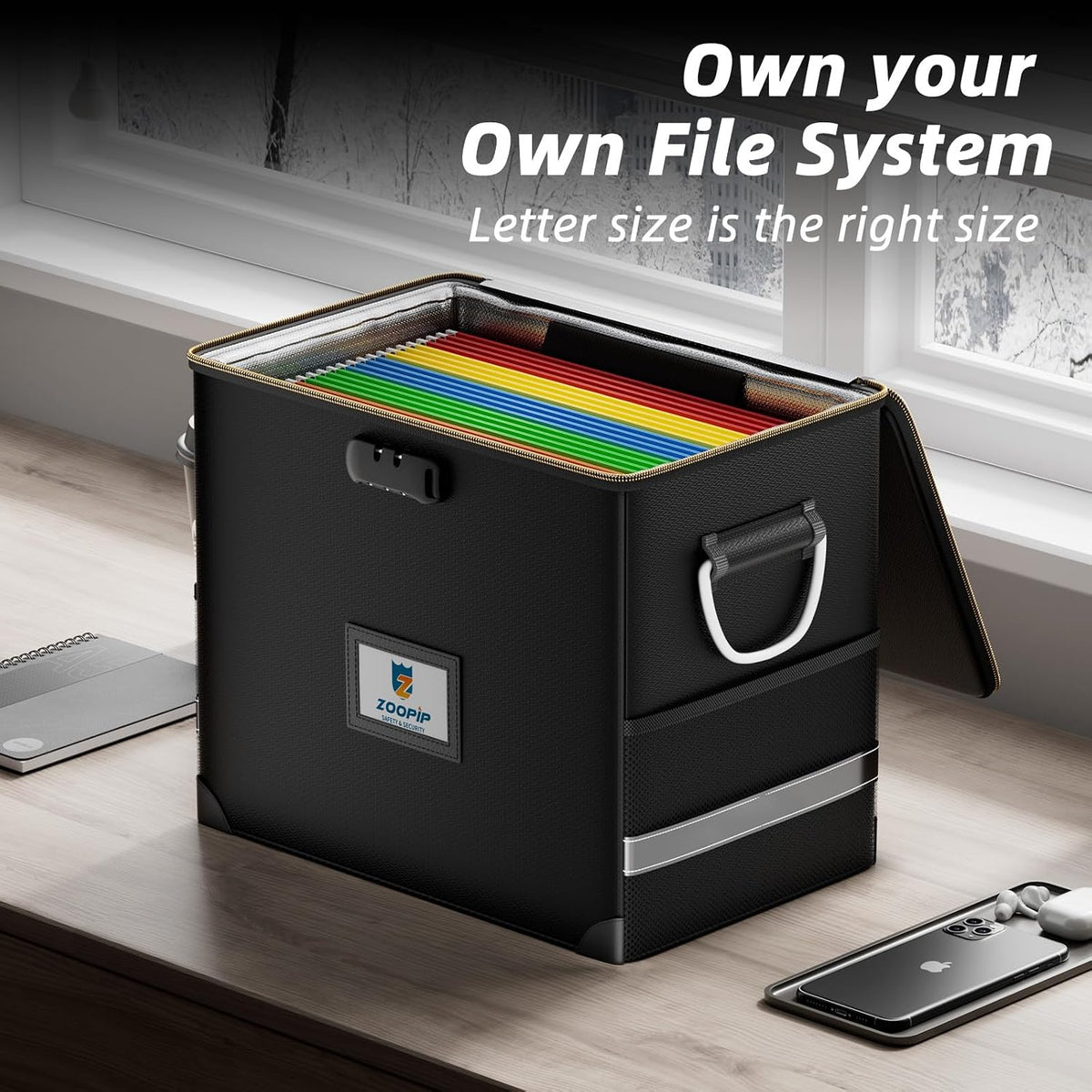 Fireproof File Box with Lock, Collapsible Document Organizer, Black