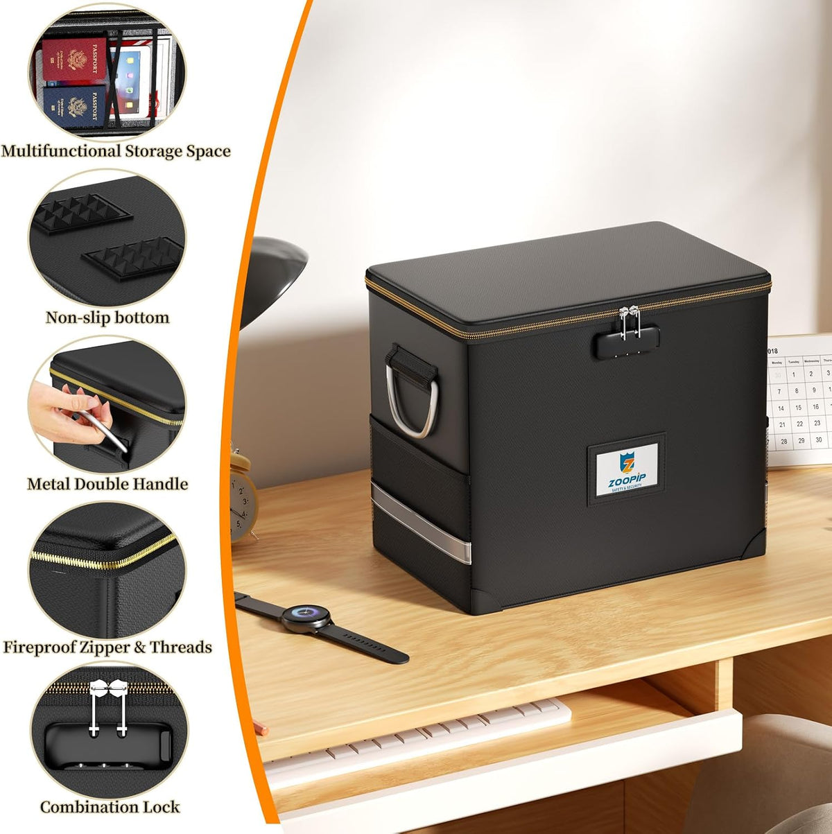 Fireproof File Box with Lock, Collapsible Document Organizer, Black