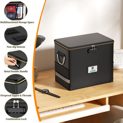 Fireproof File Box with Lock, Collapsible Document Organizer, Black