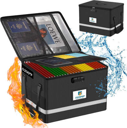 Fireproof File Box with Lock, Collapsible Document Organizer, Black