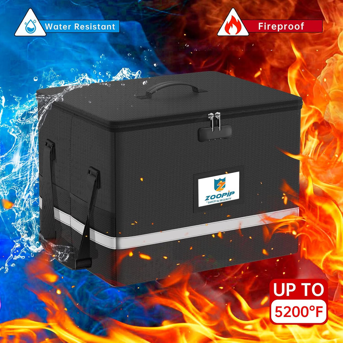 Fireproof File Box with Lock, Collapsible Document Organizer, Black