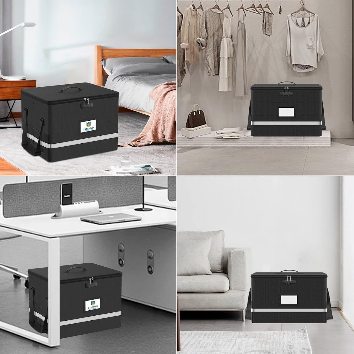 Fireproof File Box with Lock, Collapsible Document Organizer, Black