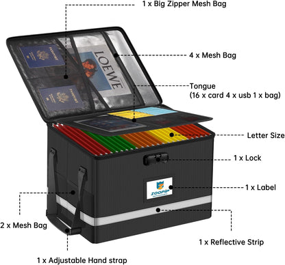 Fireproof File Box with Lock, Collapsible Document Organizer, Black