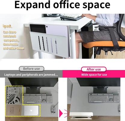 Desk Side Storage, Under Desk Storage, No Drill Steel Hanging Desk Organizer, Laptop Holder, Table Hanging Storages Holder for Office & Home (White)