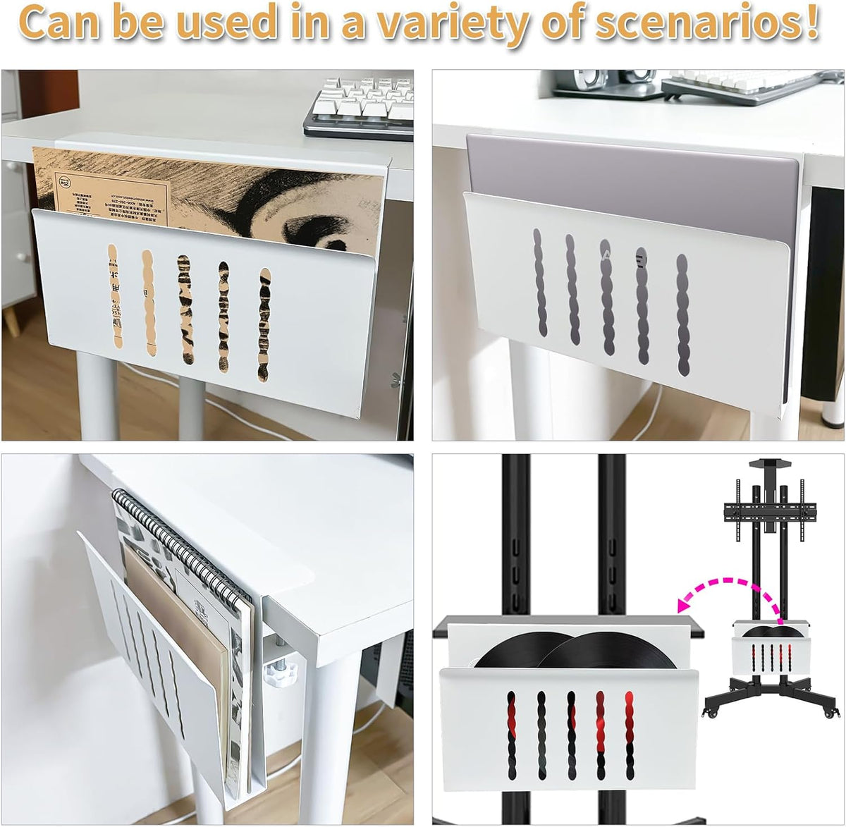 Desk Side Storage, Under Desk Storage, No Drill Steel Hanging Desk Organizer, Laptop Holder, Table Hanging Storages Holder for Office & Home (White)