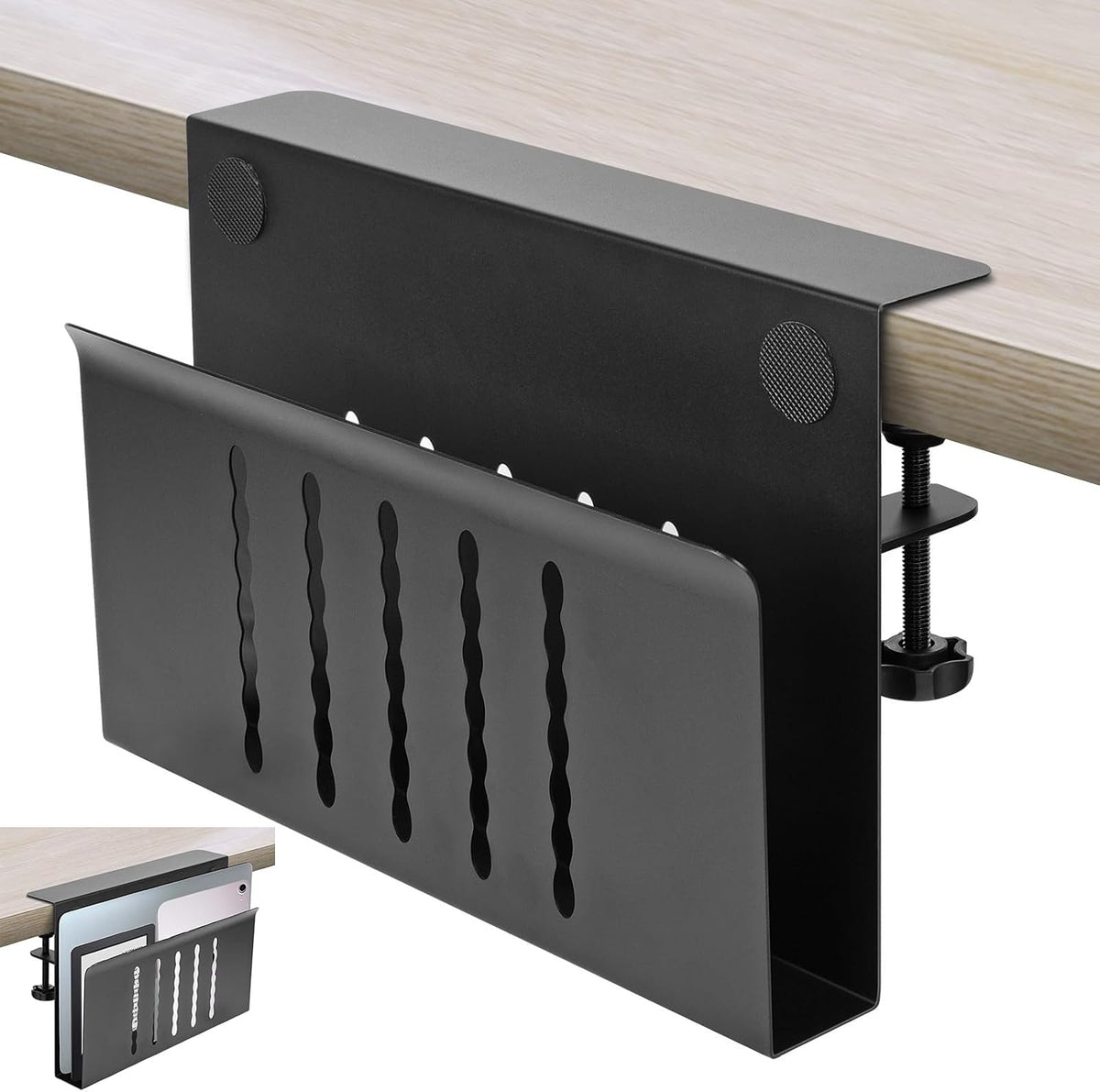 Desk Side Storage, Under Desk Storage, No Drill Steel Hanging Desk Organizer, Laptop Holder, Table Hanging Storages Holder for Office & Home (White)