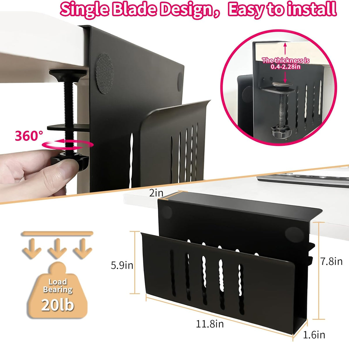 Desk Side Storage, Under Desk Storage, No Drill Steel Hanging Desk Organizer, Laptop Holder, Table Hanging Storages Holder for Office & Home (White)