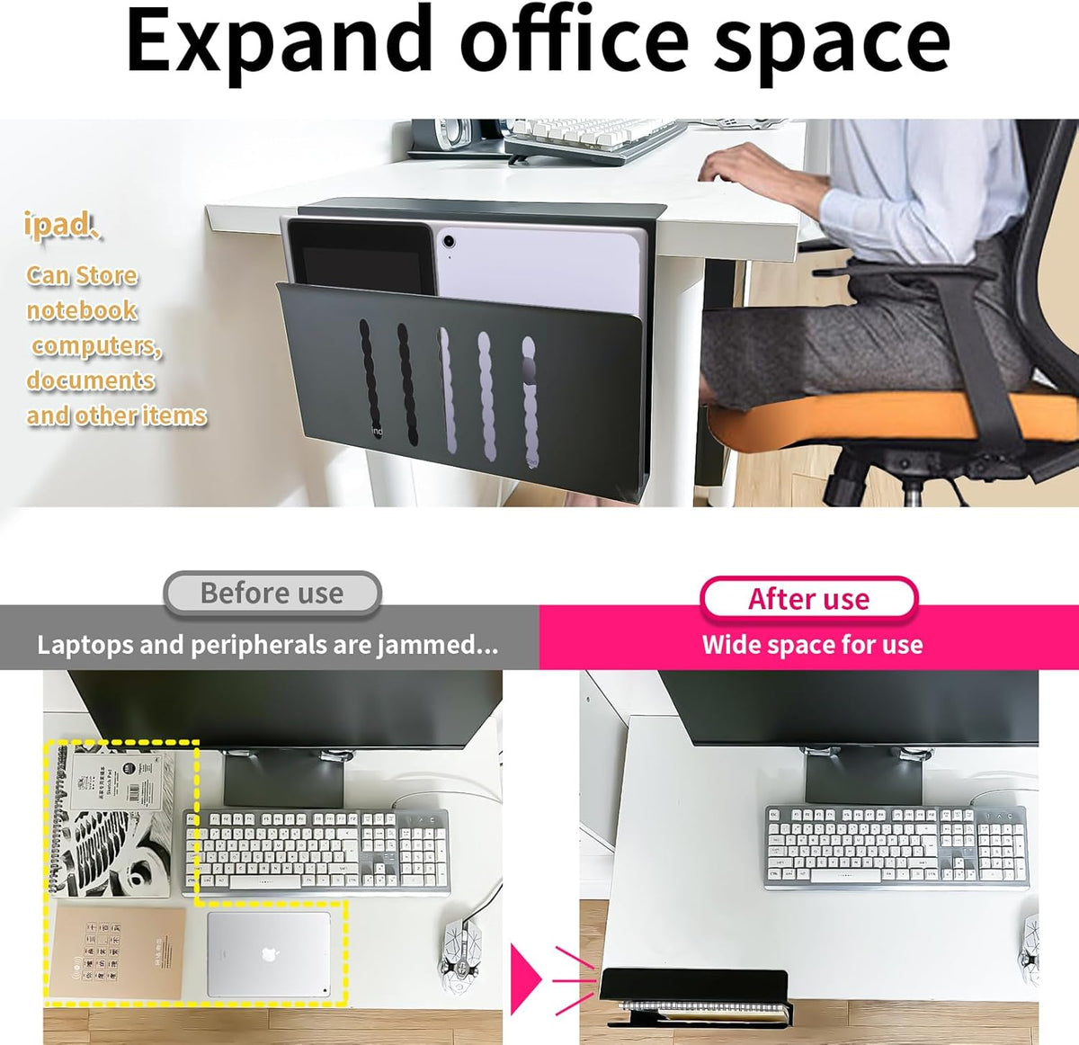 Desk Side Storage, Under Desk Storage, No Drill Steel Hanging Desk Organizer, Laptop Holder, Table Hanging Storages Holder for Office & Home (White)