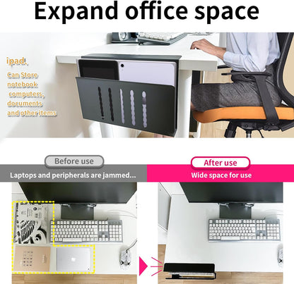 Desk Side Storage, Under Desk Storage, No Drill Steel Hanging Desk Organizer, Laptop Holder, Table Hanging Storages Holder for Office & Home (White)