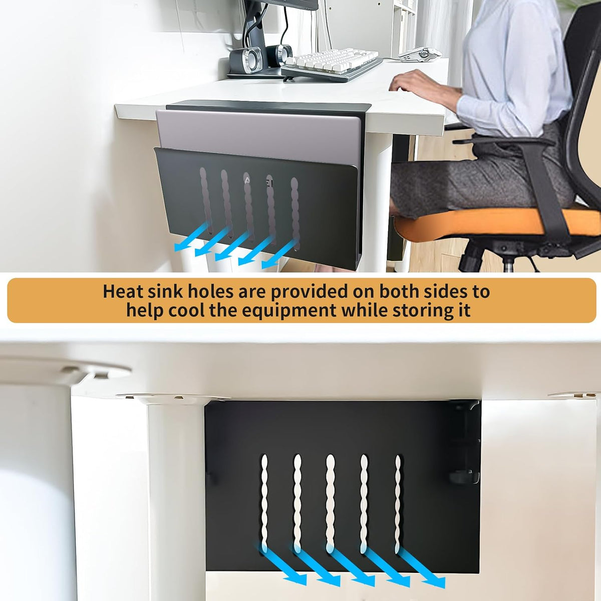 Desk Side Storage, Under Desk Storage, No Drill Steel Hanging Desk Organizer, Laptop Holder, Table Hanging Storages Holder for Office & Home (White)