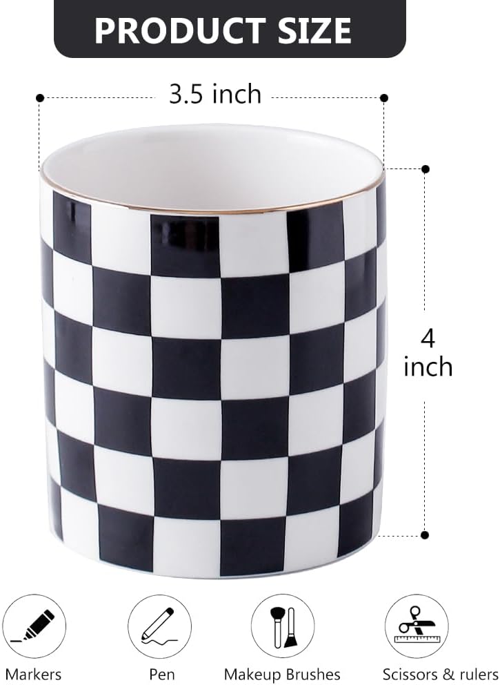 Ceramic Checkered Pen Holder For Desk Cute Stand Gold Line Pencil Cup Pot Desk Organizer, Office Desktop Decor, Makeup Brush Holder for Girls,Women (Black-white)